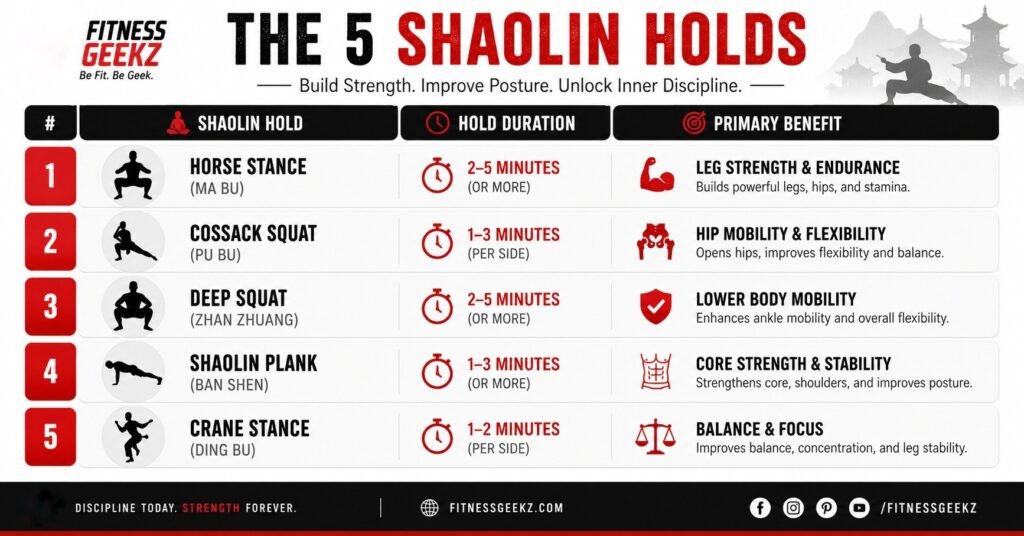 Infographic of 5 Shaolin monk isometric holds for strength