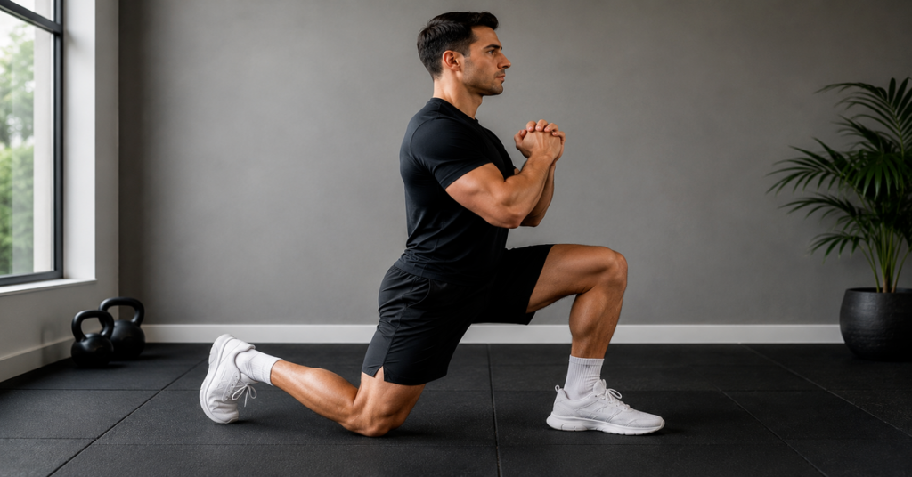 Man performing an ATG split squat bodyweight exercise.