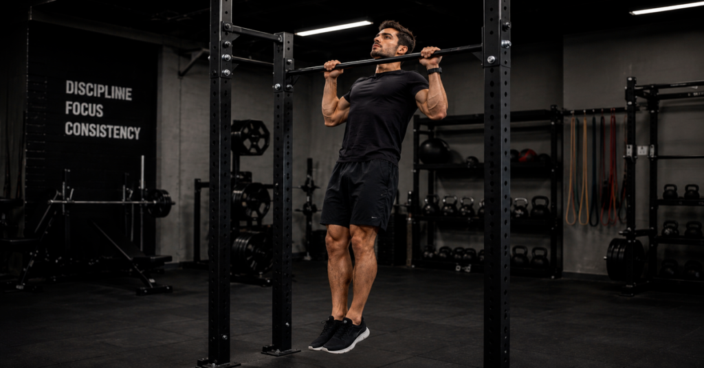 Man doing pull ups on a bar in a gym