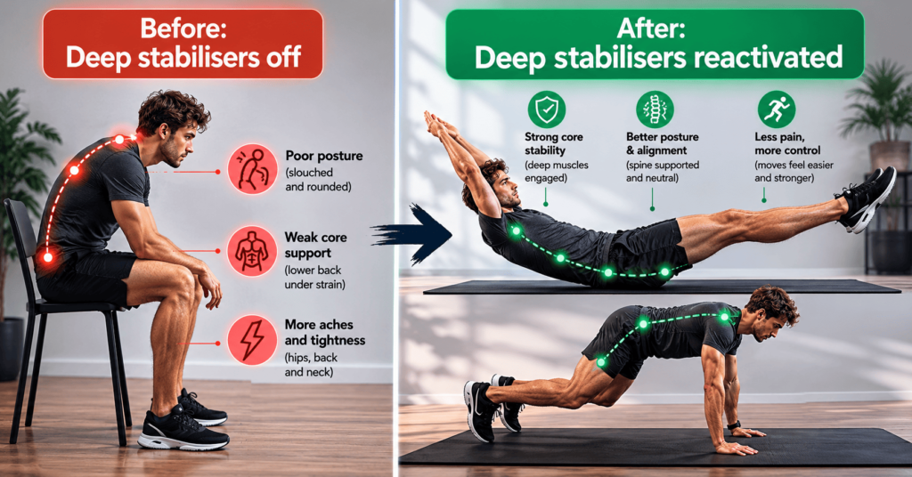 Isometric hold reactivating deep stabiliser muscles after 50