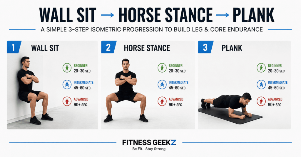 Anti-aging isometric exercise circuit: wall sit, horse stance, plank