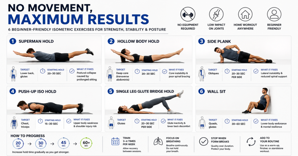Infographic of 6 beginner friendly isometric exercises