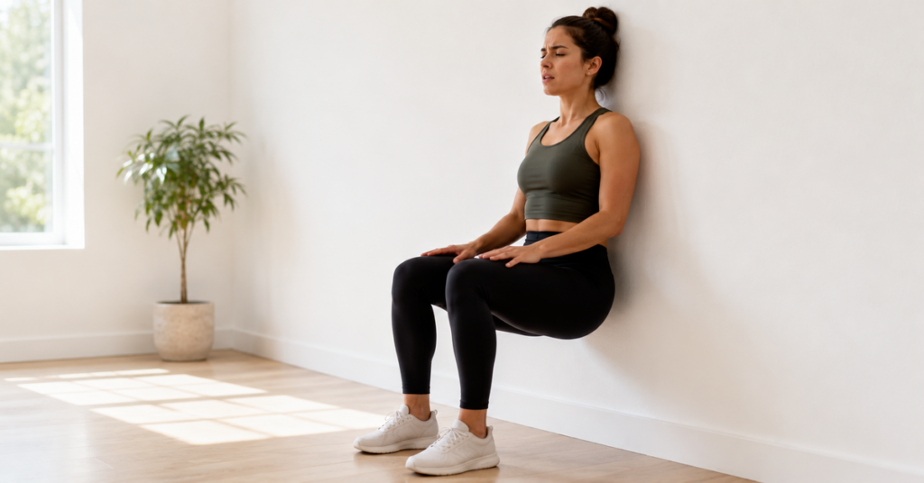 A woman performing a wall sit exercise