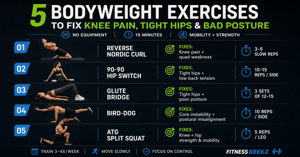 5 bodyweight exercises for knee pain, tight hips, and bad posture infographic.