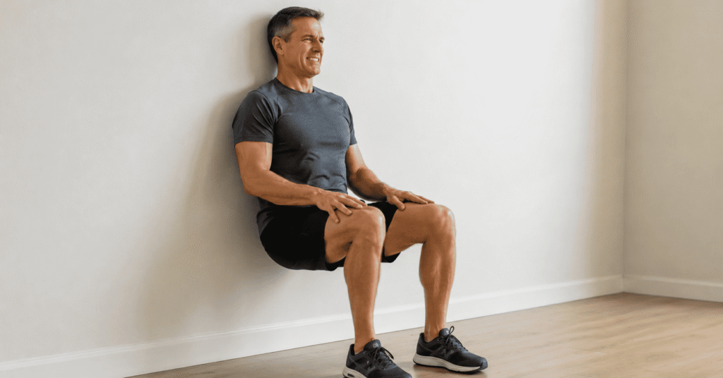 Adult over 50 doing wall sit for functional strength
