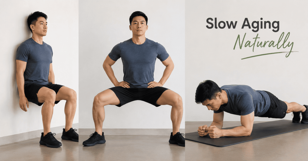 Wall sit, horse stance, and plank anti-aging exercise routine