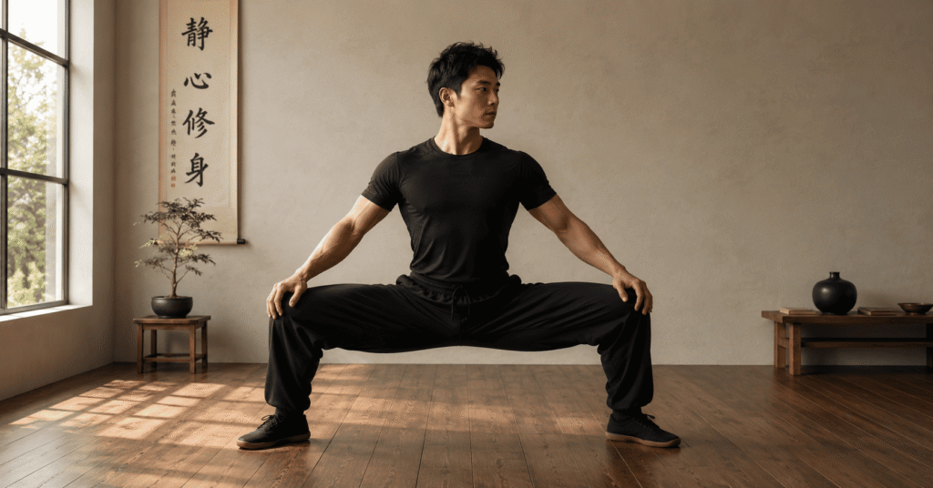 Man performing Shaolin horse stance isometric hold