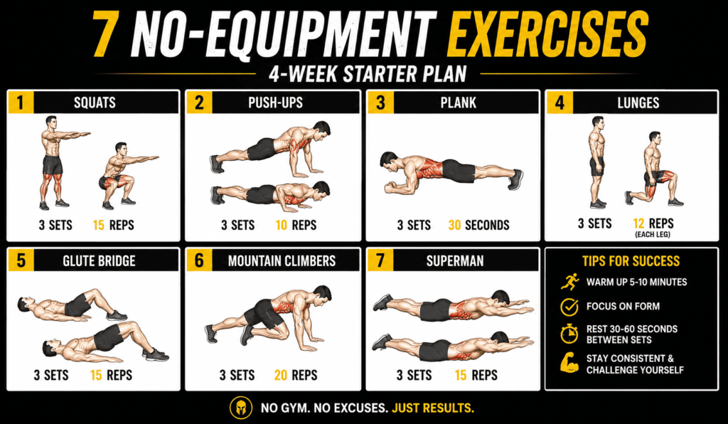 7 bodyweight exercises full body workout chart for beginners