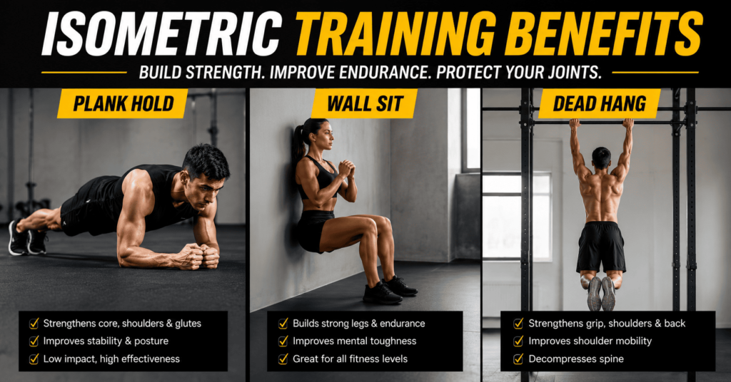 isometric exercises plank, wall sit & dead hang