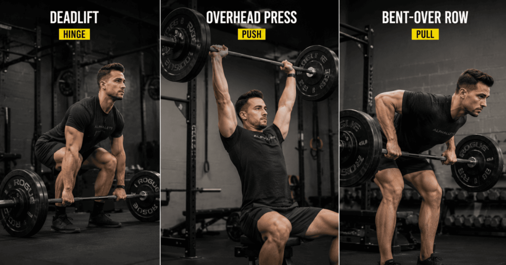 barbell compound exercises deadlift overhead press bent-over row