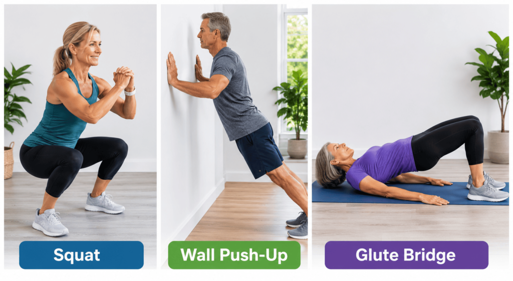 squat, push-up and glute bridge exercises for adults over 50