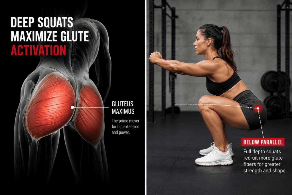 deep squat glute activation below parallel
