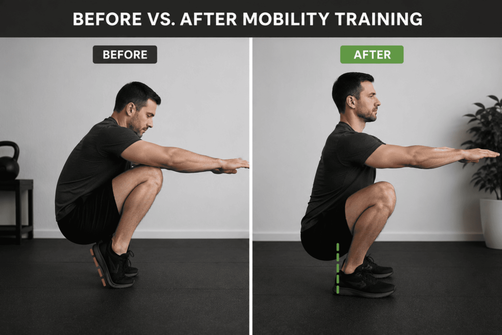 man struggling to squat deep vs full deep squat with flat heels
