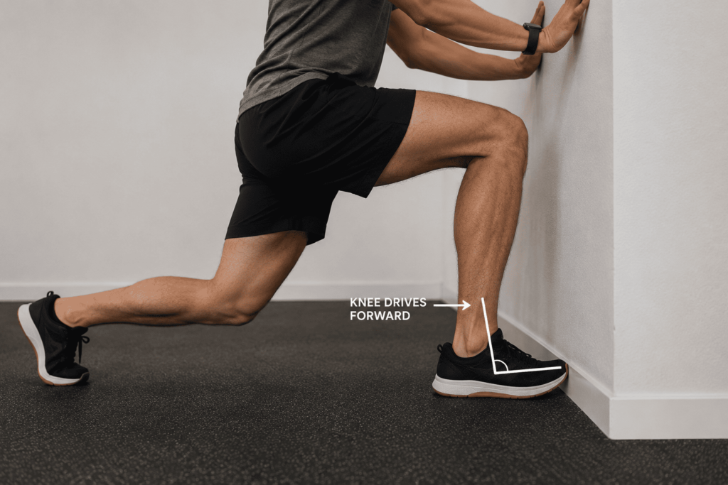 wall ankle dorsiflexion stretch for deep squat mobility