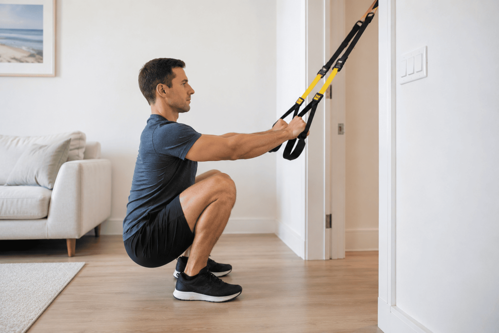 supported deep squat hold using TRX strap for beginners