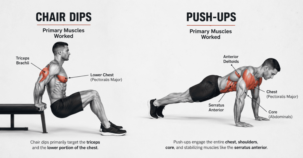 Muscles worked in chair dips vs push-ups diagram