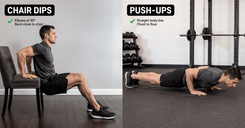 Proper form for chair dips and push-ups at home