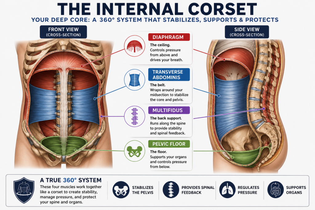 Anatomical diagram of the deep core internal corset showing the transverse abdominis, multifidus, diaphragm, and pelvic floor around the spine