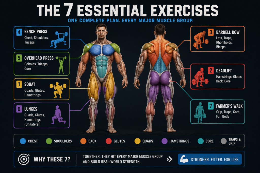 Full body muscle map showing which muscles the 7 essential exercises target — squat, deadlift, row, bench press, overhead press, lunge, and farmer's walk