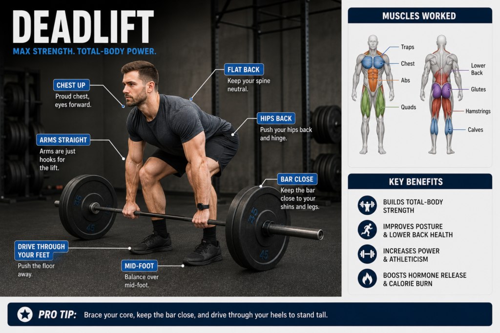  Person performing a barbell deadlift with a flat back and the bar close to the body
