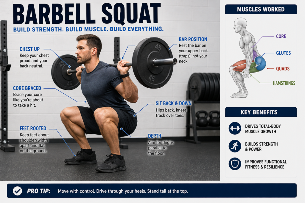 Person performing a barbell back squat with proper form, thighs parallel to the floor