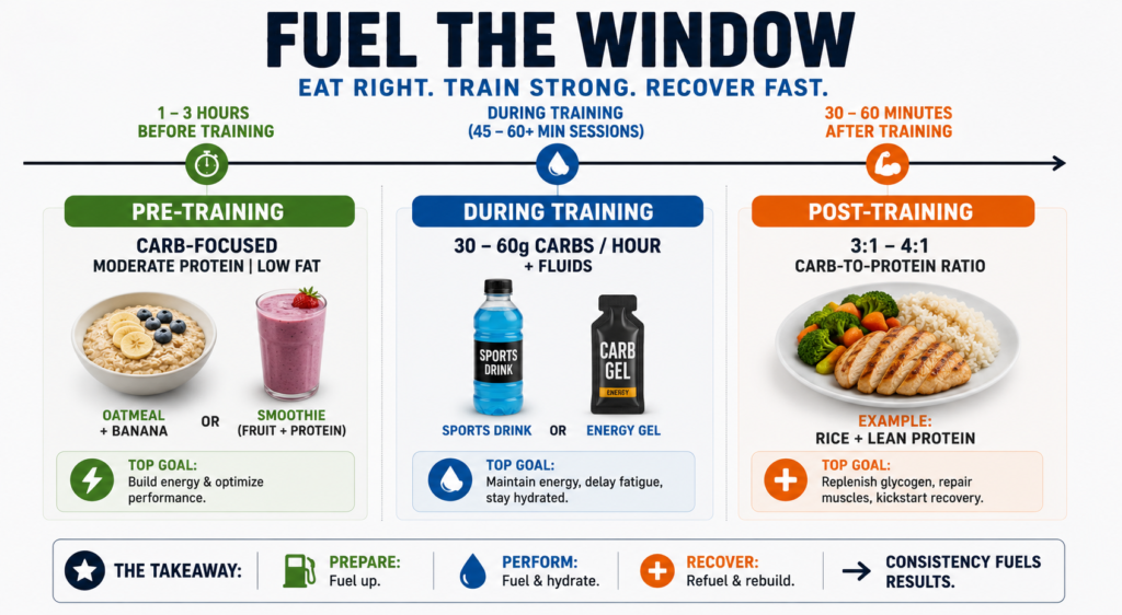 Timeline infographic showing what to eat before, during, and after training for optimal performance and recovery