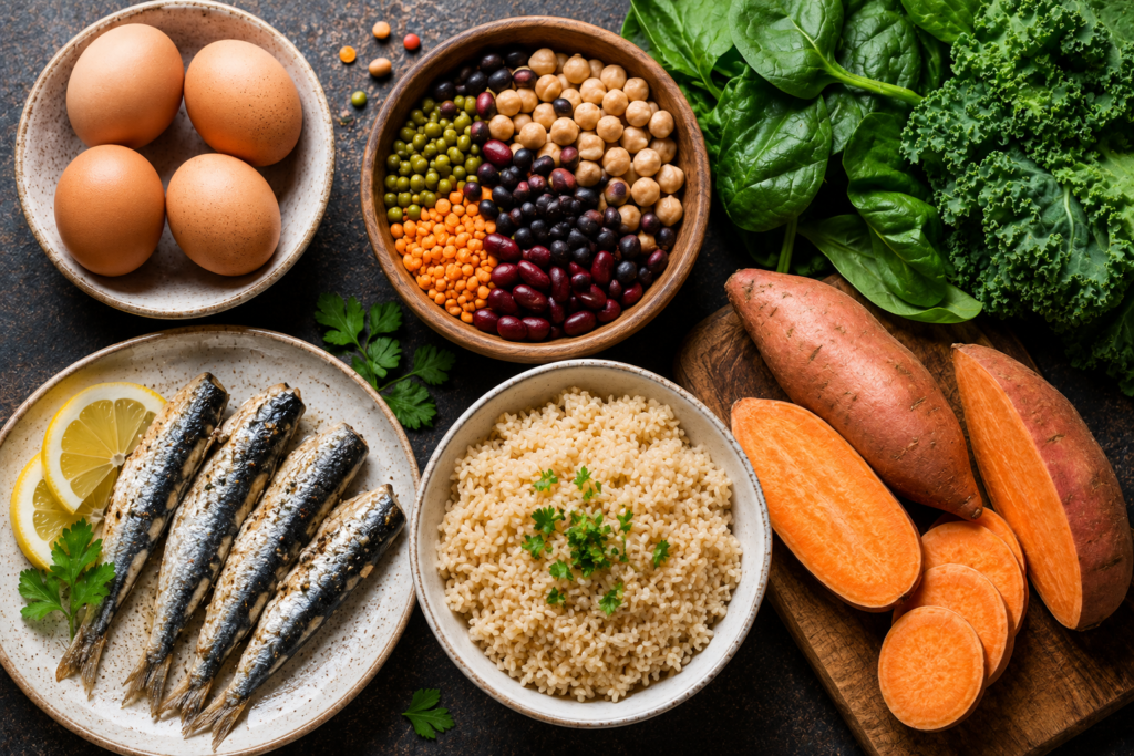  Flat lay of nutrient-dense strength foods including eggs, sardines, legumes, sweet potatoes, brown rice, and leafy greens