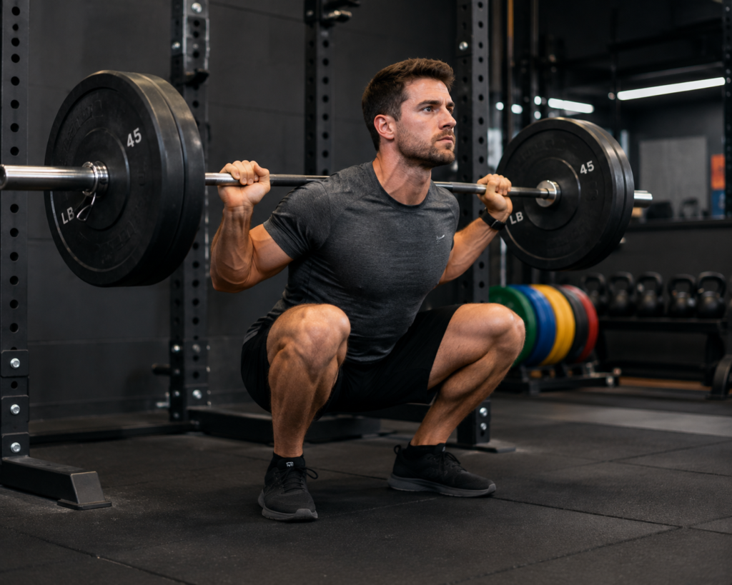 Person at the bottom of a heavy back squat, showing the eccentric loading phase that causes muscle damage
