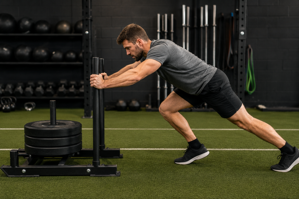 Person performing a sled push with a 45-degree forward lean and arms extended, driving through the legs