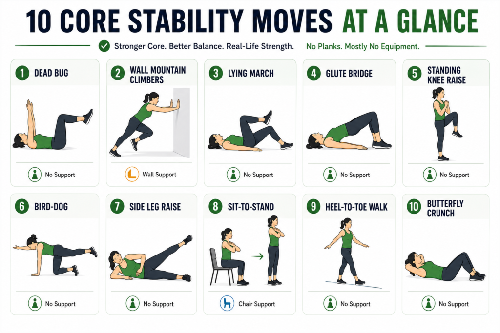 Grid of 10 core stability exercises for adults over 50, including dead bug, glute bridge, bird-dog, and sit-to-stand, with equipment needed for each