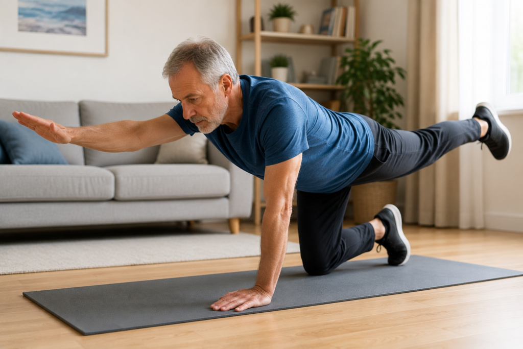 Older adult performing a bird-dog exercise on hands and knees to build core stability and balance