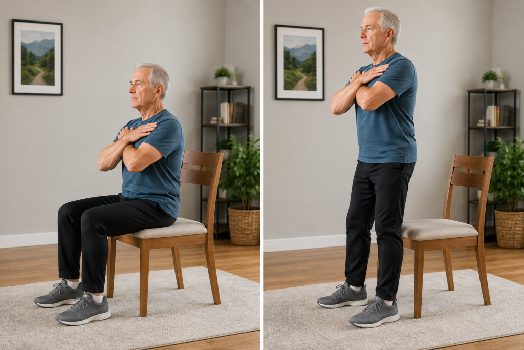 Older adult performing a sit-to-stand exercise from a chair without using hands, to build functional core strength