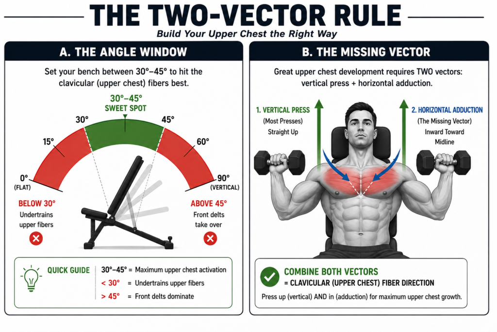 Diagram showing the ideal 30 to 45 degree bench incline range and horizontal adduction arm path for upper chest activation