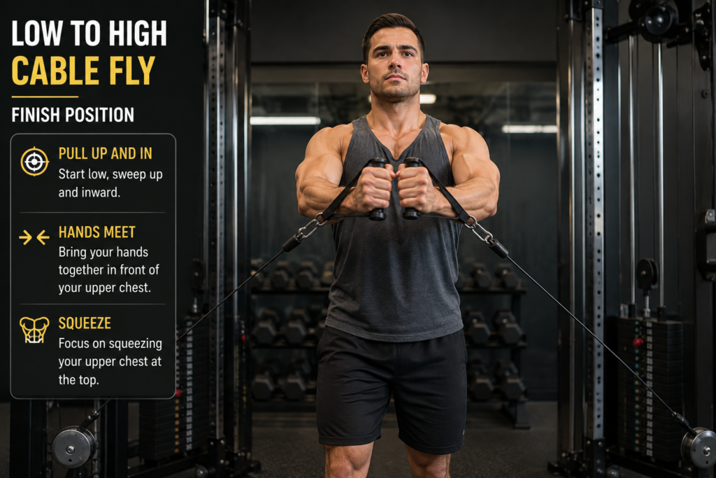 Person performing a low to high cable fly, pulling the handles up and inward to target the upper chest