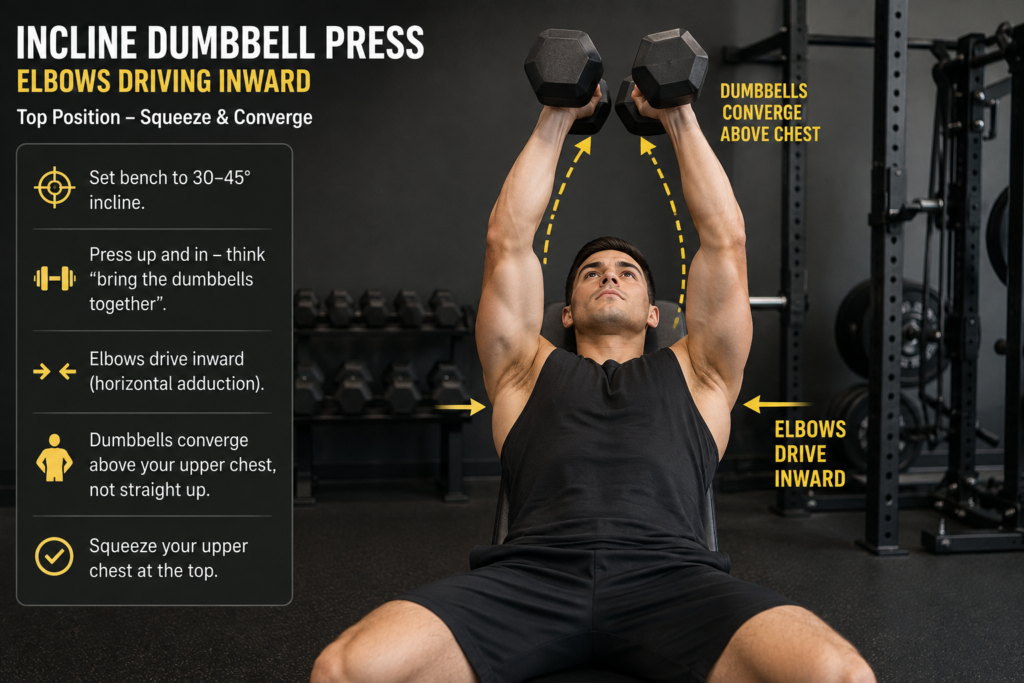 Person performing an incline dumbbell press on a 30 to 45 degree bench with elbows driving inward for upper chest activation