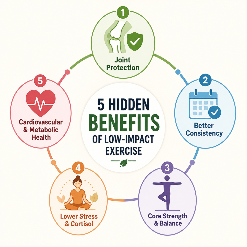  Infographic showing 5 benefits of low-impact exercise — joint protection, consistency, core strength, stress relief, and cardiovascular health