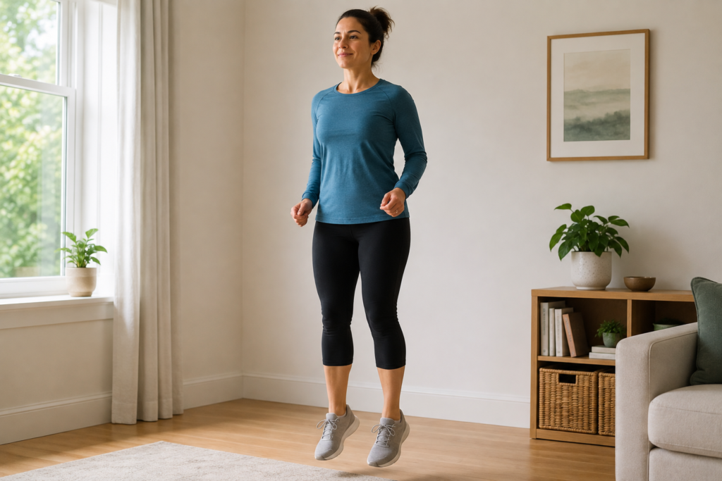  Person standing with soft knees performing a gentle bounce, a simple low-impact movement for circulation and stress relief
