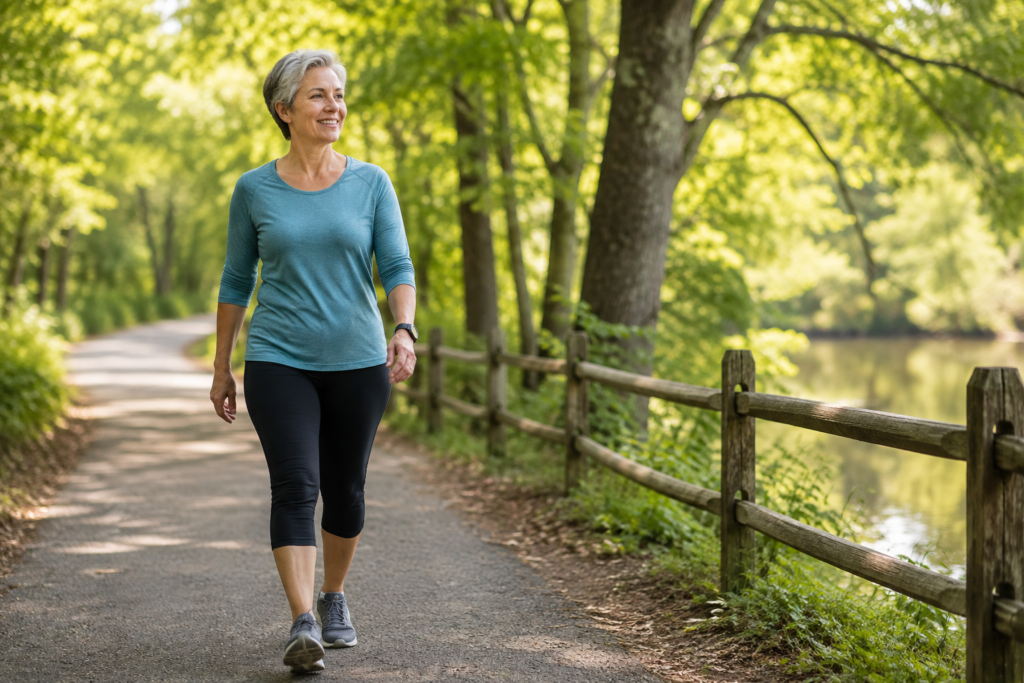 Person walking outdoors as a low-impact exercise for joint health and cardiovascular fitness