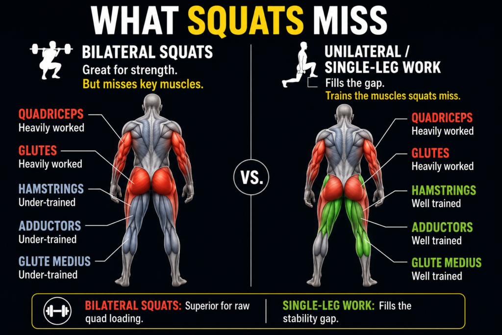Body diagram comparing muscles trained by bilateral squats versus single-leg exercises, showing glute medius, adductors, and hamstrings as the gap single-leg training fills