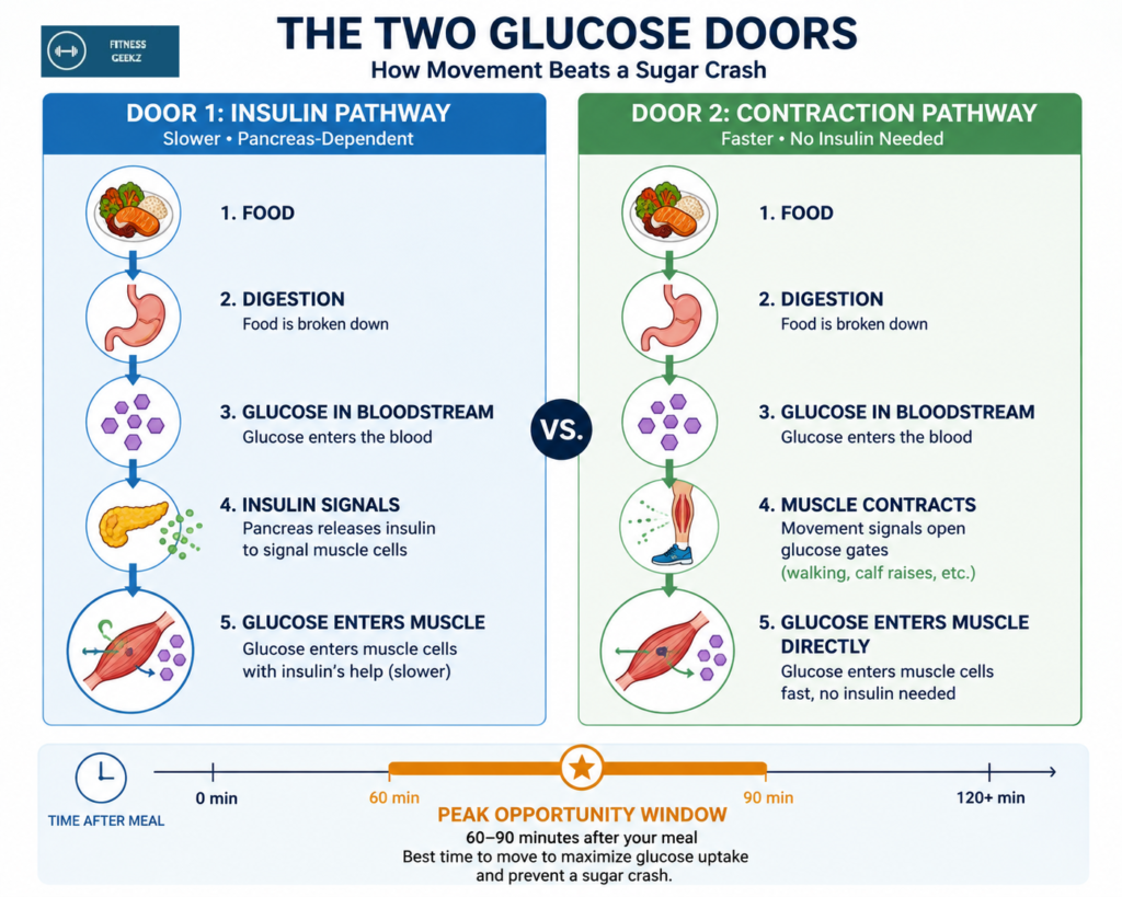 Infographic showing two pathways glucose uses to enter muscle cells after eating — insulin signaling versus muscle contraction during the 60 to 90 minute post-meal window
