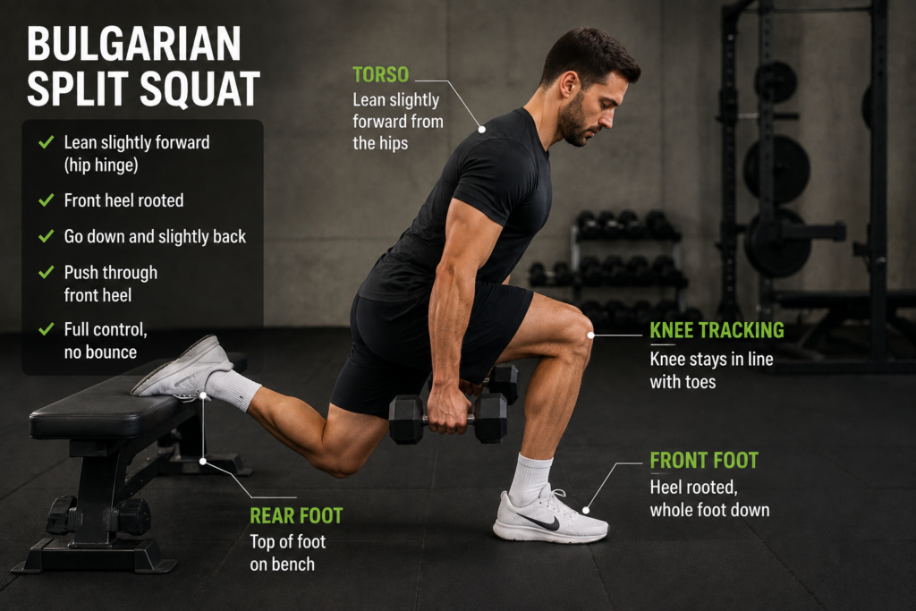 Person performing a Bulgarian split squat with a forward hip hinge and front heel rooted