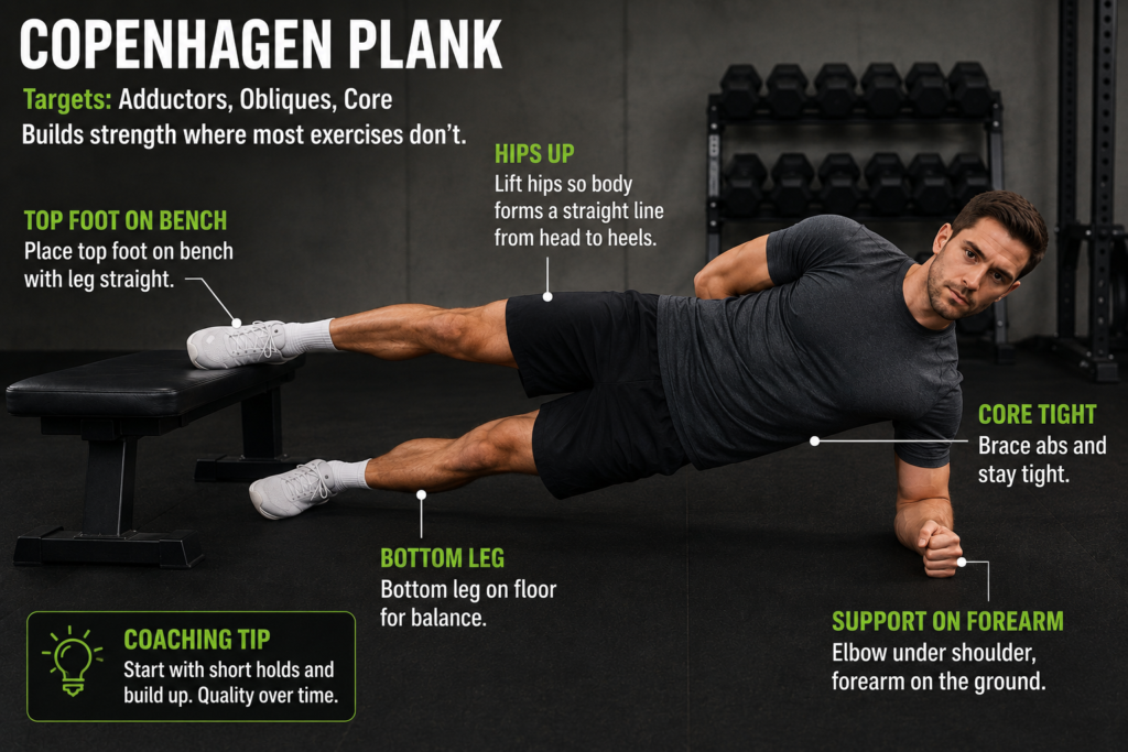  Person performing a Copenhagen plank on their side with the top foot resting on a bench to target the glute medius and adductors