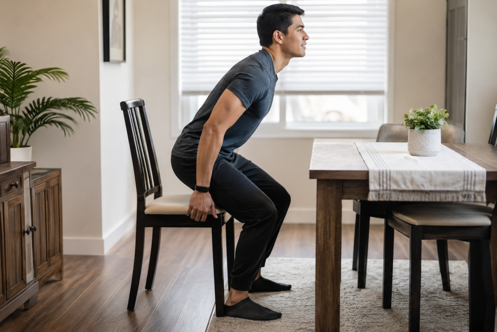 Person performing a sit-to-stand chair squat at home after a meal for post-meal digestion and energy