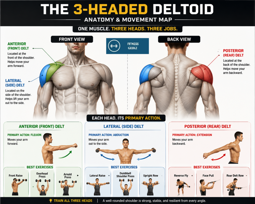 Diagram of the three deltoid heads — anterior, lateral, and posterior — showing the different arm movement each one controls