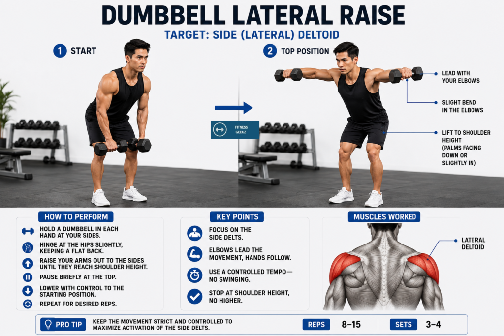 Person performing a dumbbell lateral raise with proper form to target the side deltoid