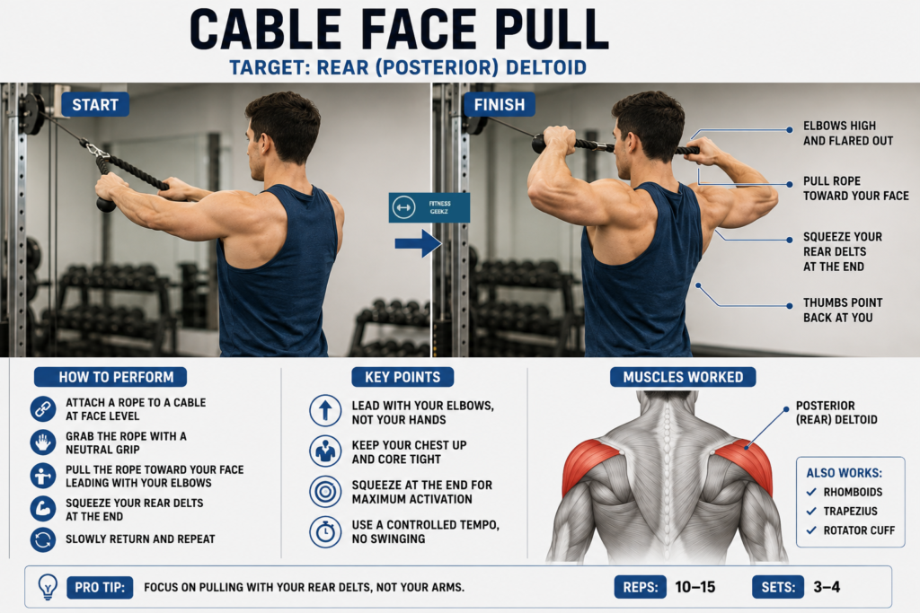 Person performing a cable face pull with elbows high to target the rear deltoid and rotator cuff
