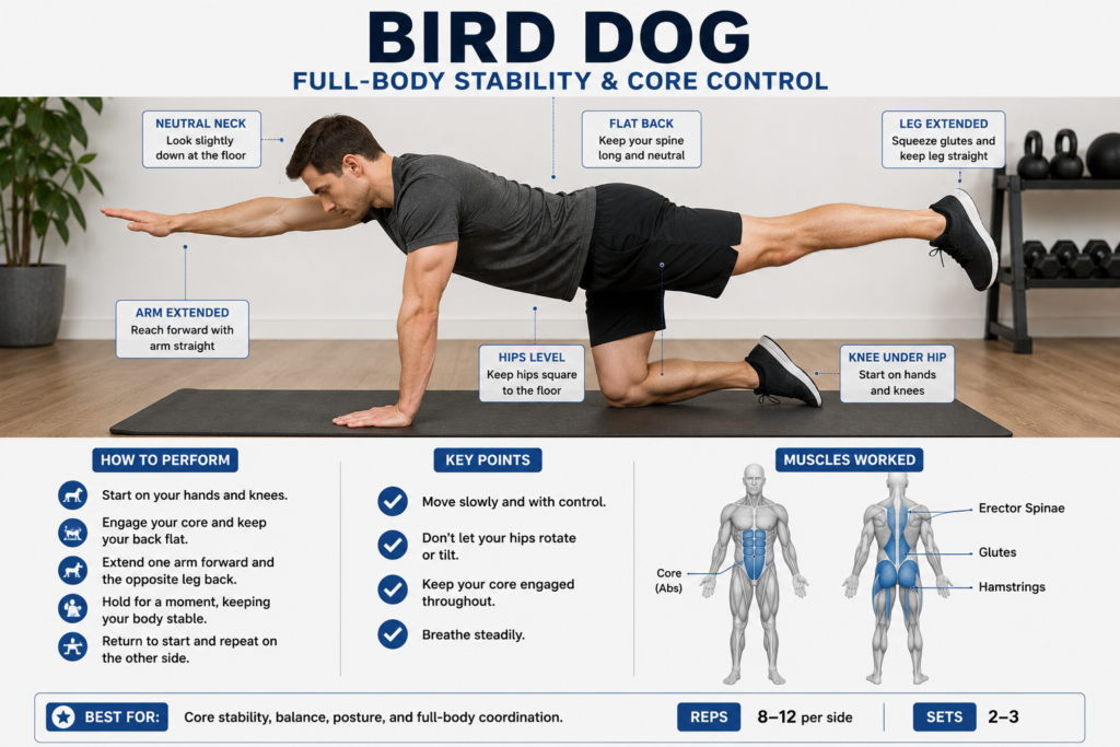 Person performing a bird dog exercise on hands and knees to build deep core stability