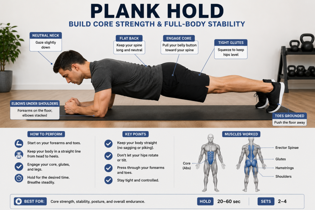 Person holding a traditional plank position to build isometric deep core strength