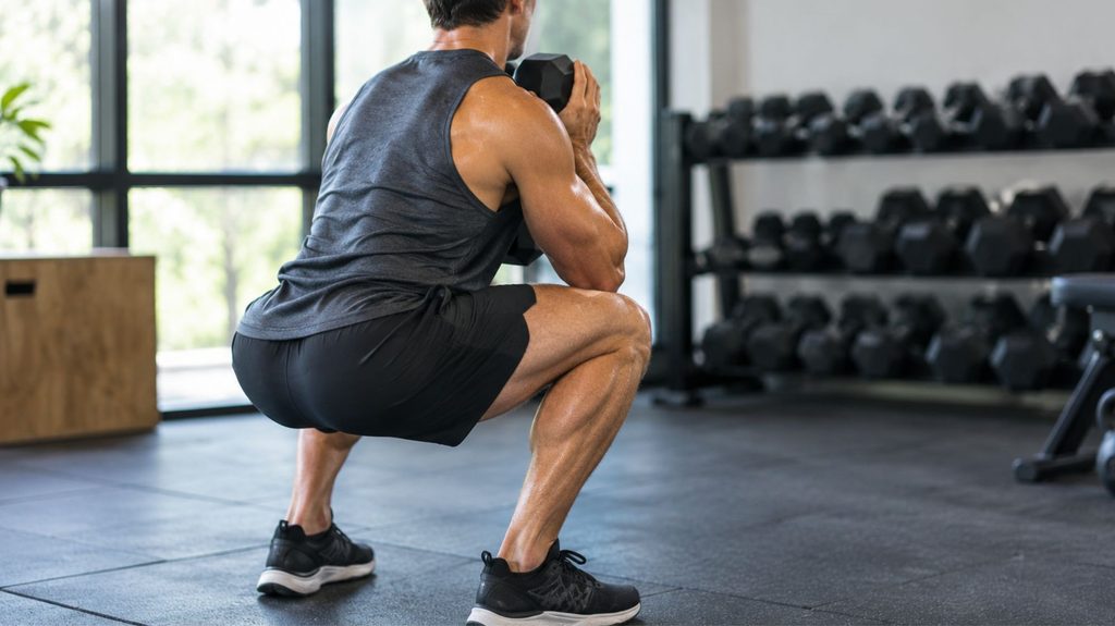 Man performing a goblet squat with dumbbell in home gym, demonstrating proper form for strength training over 40