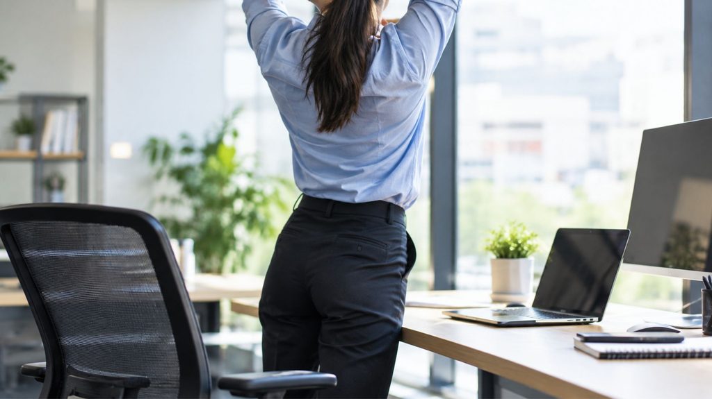 Office worker standing up from desk to stretch, illustrating a movement break for people who sit all day